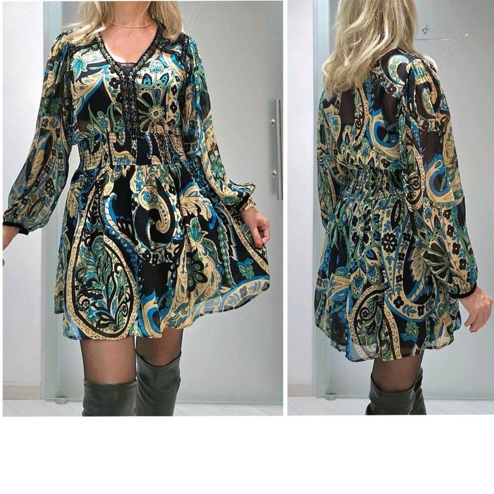 M. SHORT PRINTED DRESS WITH TWO-MATERIAL TRIM - Picture 11 of 12